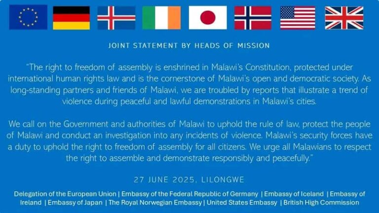 Malawi’s diplomatic mission condemns brutal attack on peaceful protesters backed by state security forces