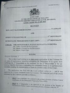 High Court Dismisses Injunction Against DPP Candidate in Salima Central Race