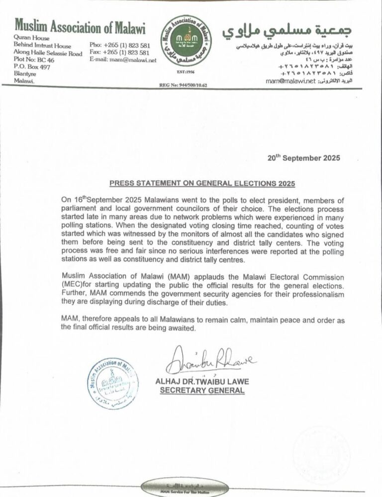 Muslim Association of Malawi Urges Calm as Nation Awaits 2025 Election Results