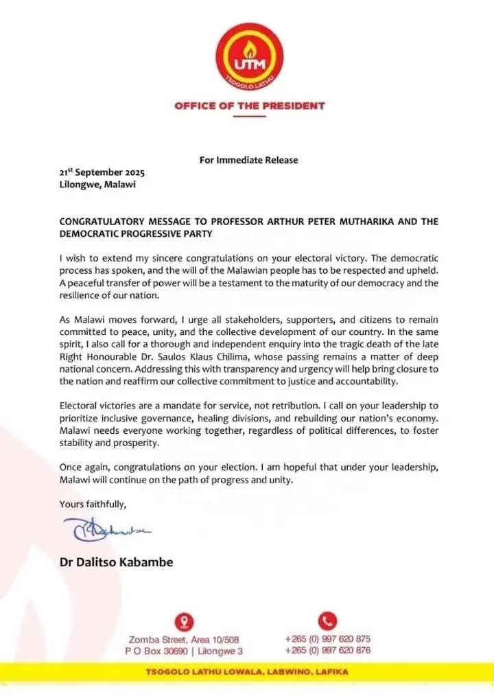 UTM Congratulates DPP Leader Peter Mutharika Amid Election Uncertainty; Calls for Special Probe into Saulos Chilima Plane Crash