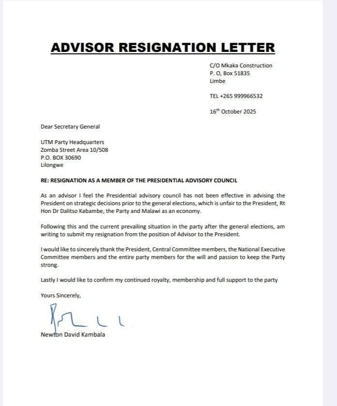 Newton Kambala Resigns as Advisor to UTM President Dalitso Kabambe fb img 1760704503580