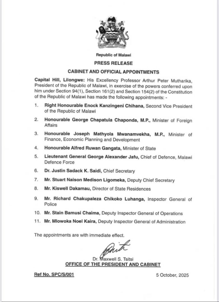 Partial cabinet list appointed by His Excellency the state president Arthur Peter Mutharika