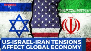 US-Israel-Iran tensions affect global economy. Flags of Israel, US, and Iran separated by cracks