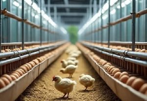 White chickens walking down a center aisle between long rows of brown eggs in a poultry facility