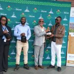 Chihana left MUST Lecturer Jonah Nyirenda second left Mkukuma third left Press Cane CEO Bryson Mkhomaanthu right showcasing some of the donated materials