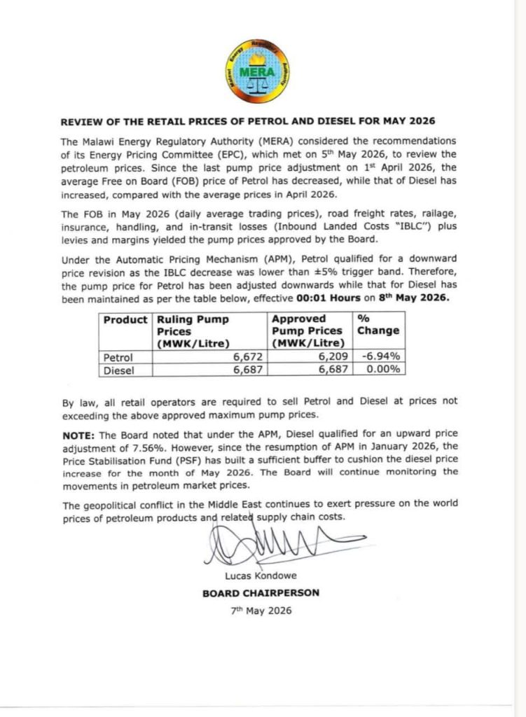 BREAKING NEWS: MERA Slashes Petrol Prices by Over K460 Per Litre as Malawians Expect Transport Relief 2 FB IMG 1778209689982