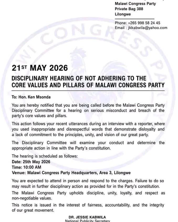 MCP Drags Ken Msonda Before Disciplinary Committee Over ‘Disrespectful’ Remarks 2 FB IMG 1779378975744