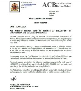 Former Immigration Permits Chief Arrested by ACB Over Alleged Permit Fee Irregularities