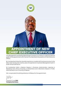 Salima Sugar Company Appoints Clement Kumbemba as New Chief Executive Officer