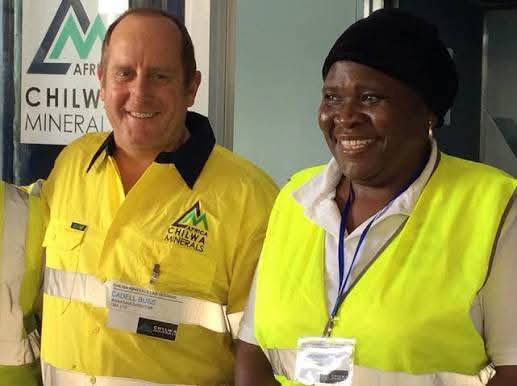 Chilwa Minerals Managing Director Cadell Buss and a colleague in high-visibility vests